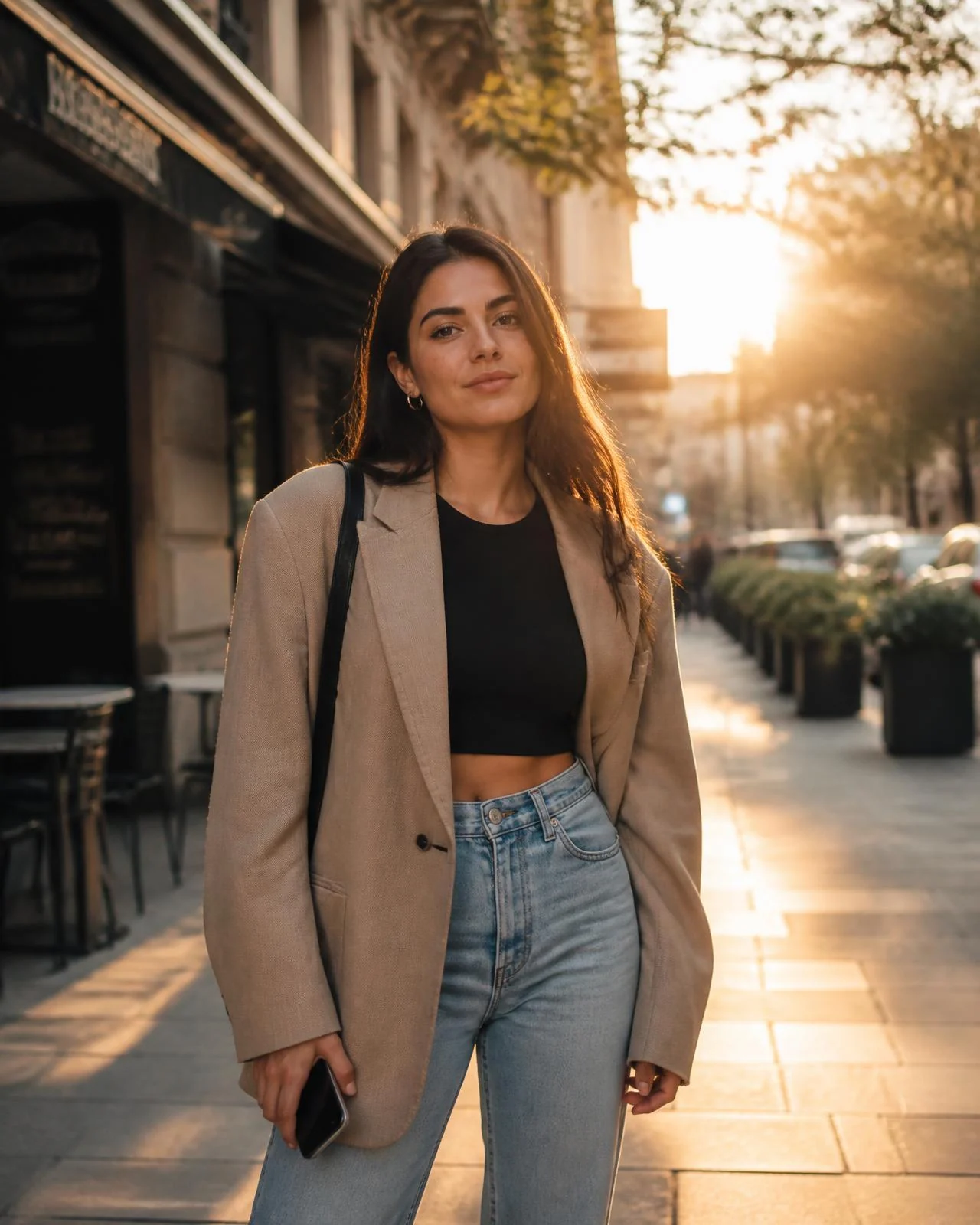 Persona caminando por la ciudad al atardecer con su teléfono