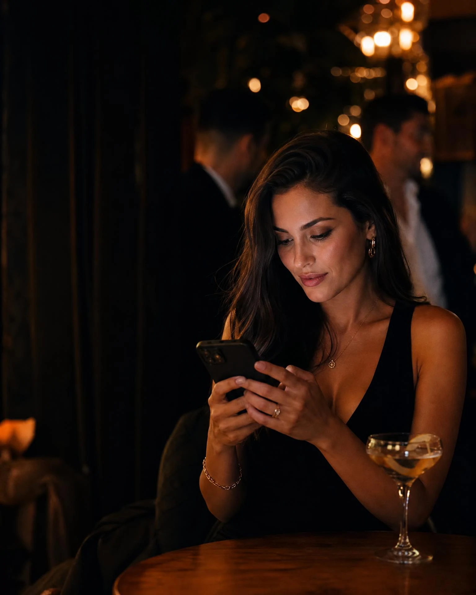 Mujer elegante en un bar mirando su teléfono