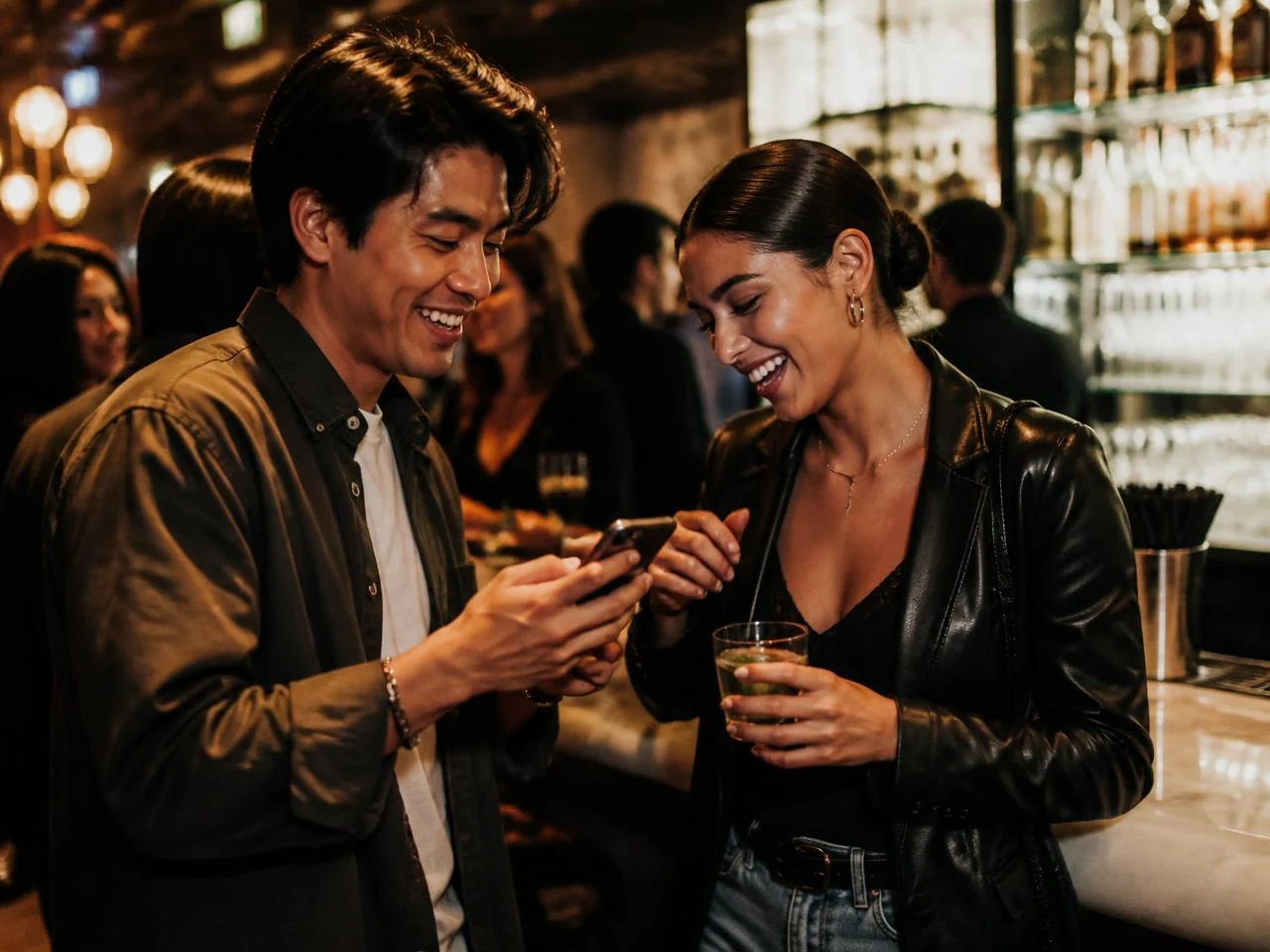 Dos personas intercambiando su perfil en un bar