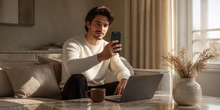 Creador revisando su teléfono en un interior cálido y elegante