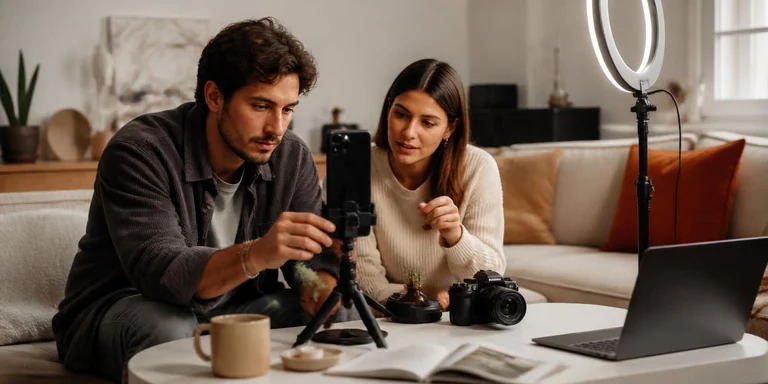 Pareja creativa produciendo contenido con teléfono, cámara y luz de anillo