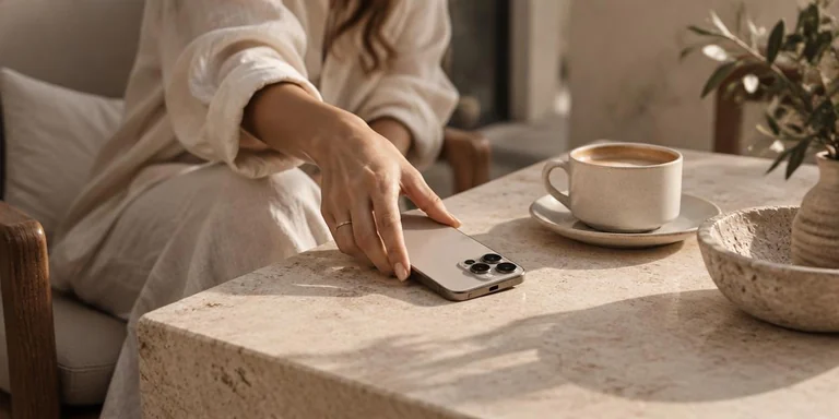Creadora dejando su teléfono sobre una mesa de piedra con luz cálida